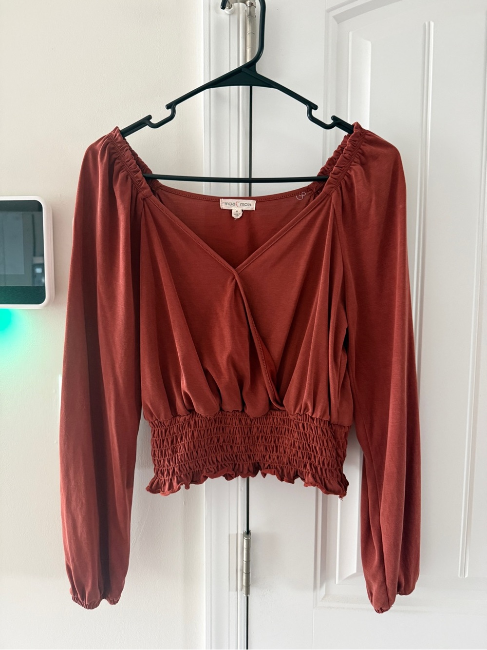 Burnt Orange Smocked-Waist Long Sleeve Wrap Blouse